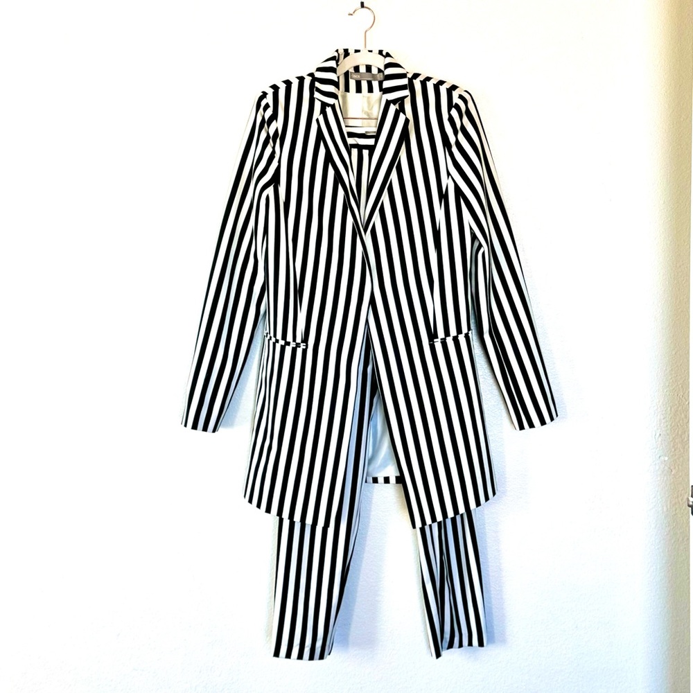 ASOS Black White Mono-striped Pant Suit Long Line Blazer High Rise Co Ord US 8 - Picture 2 of 15